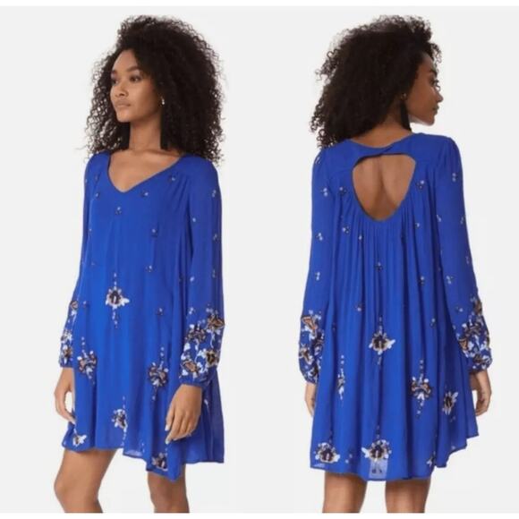 Free People Dresses & Skirts - Free People Mini Dress Womens M Royal Blue Oxford Embroidered Oversized Bohemian